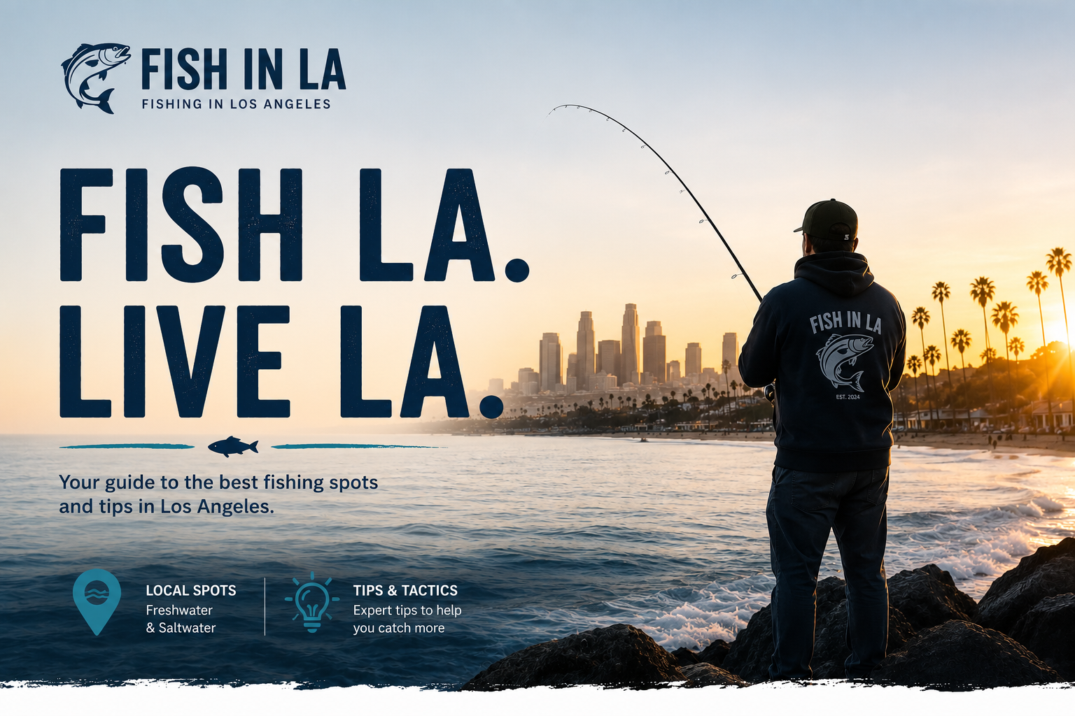 Fish in LA — angler fishing off the rocks at sunset with the Los Angeles skyline behind him